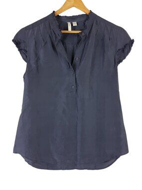 Old Navy Navy Blue Short Sleeve Ruffle 100% Silk Blouse Size Medium